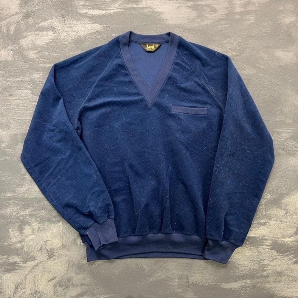 Vintage Lee Velour Sweatshirt Mens Large Blue 1970s V Neck‎